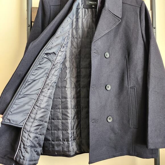 Kenneth Cole Men's Black Wool Blend Double Breasted Classic Peacoat Size L - Picture 7 of 9